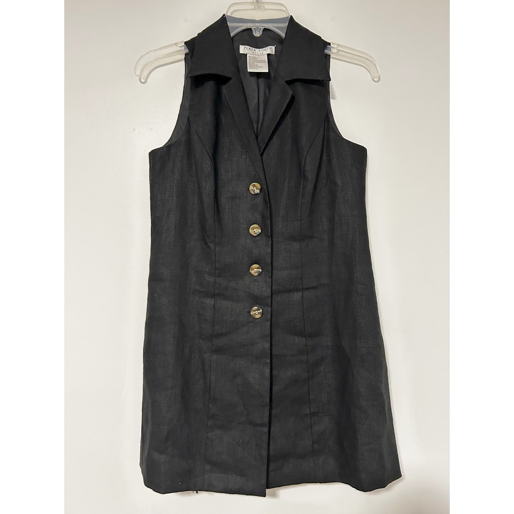 Plaza South Petite Black 100% Linen Sleeveless Button Front Collared Dress 6P
